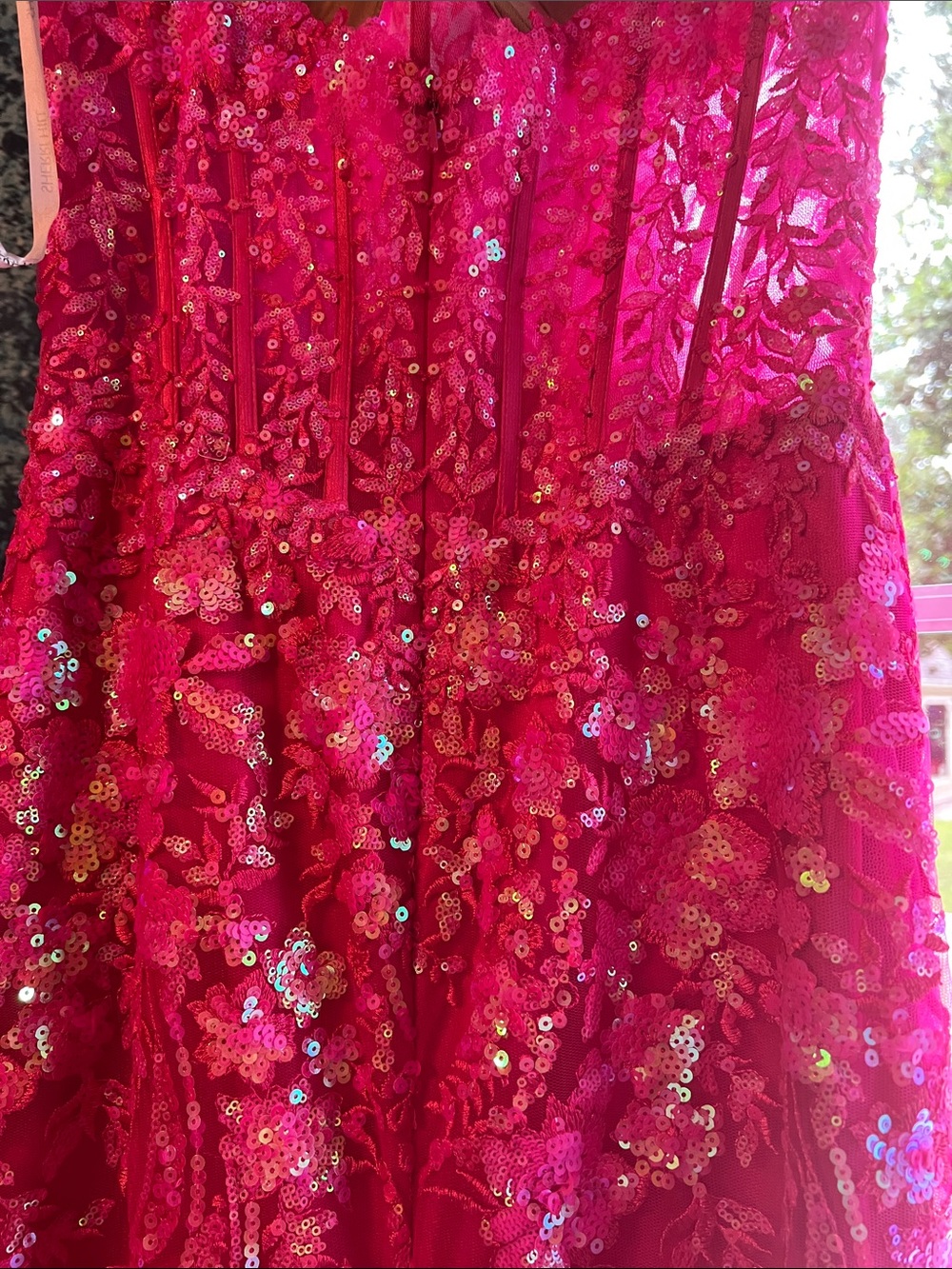 Sherri Hill Hot Pink Sequin High-Slit removable train prom dress - Picture 9 of 17